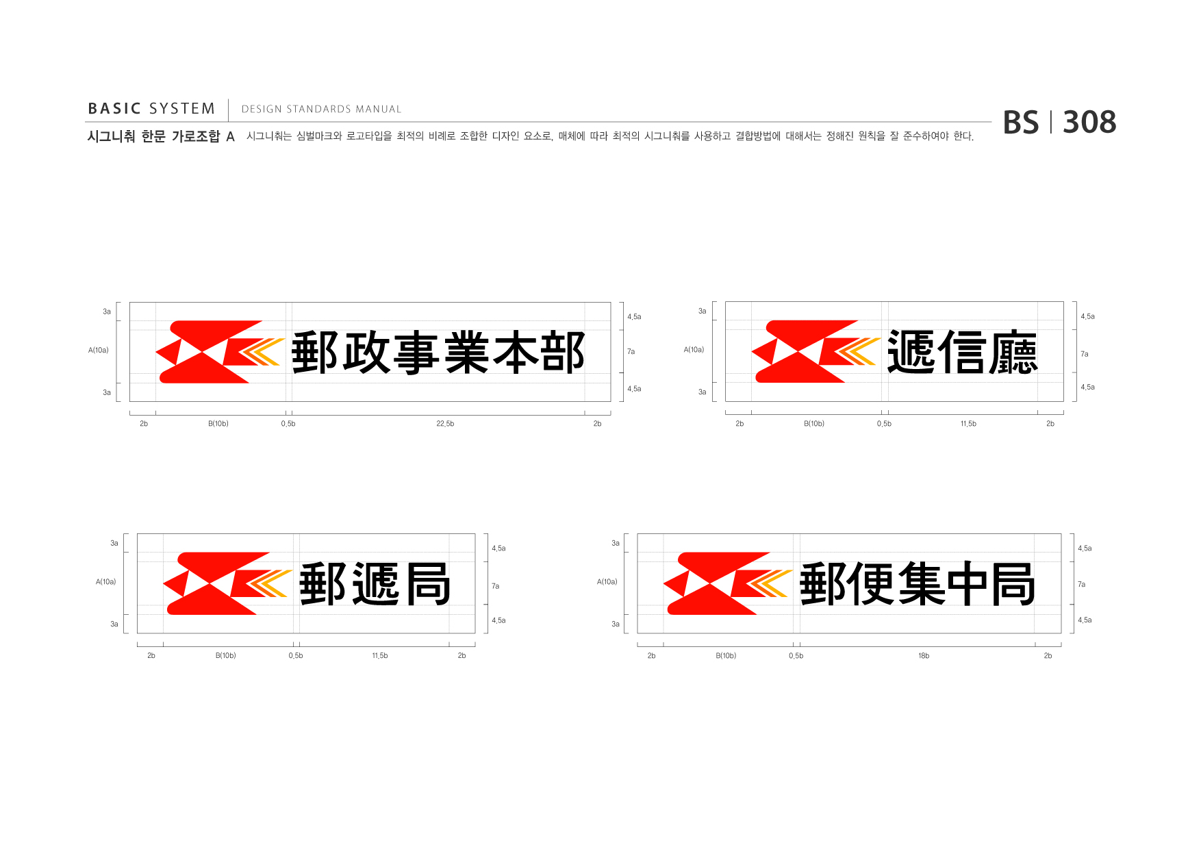 BASIC SYSTEM 시그니춰 한문 가로조합 A  DESIGN STANDARDS MANUAL  시그니춰는 심벌마크와 로고타입을 최적의 비례로 조합한 디자인 요소로, 매체에 따라 최적의 시그니춰를 사용하고 결합방법에 대해서는 정해진 원칙을 잘 준수하여야 한다.  BS I 308  3a  4.5a  3a  4.5a  A(10a)  7a  A(10a)  7a  3a  4.5a  3a  4.5a  2b  B(10b)  0.5b  22.5b  2b  2b  B(10b)  0.5b  11.5b  2b  3a  4.5a  3a  4.5a  A(10a)  7a  A(10a)  7a  3a  4.5a  3a  4.5a  2b  B(10b)  0.5b  11.5b  2b  2b  B(10b)  0.5b  18b  2b